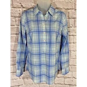 Vineyard Vines Popover Plaid Shirt Blouse Womens 2 Tab Sleeves Blue Half Button‎